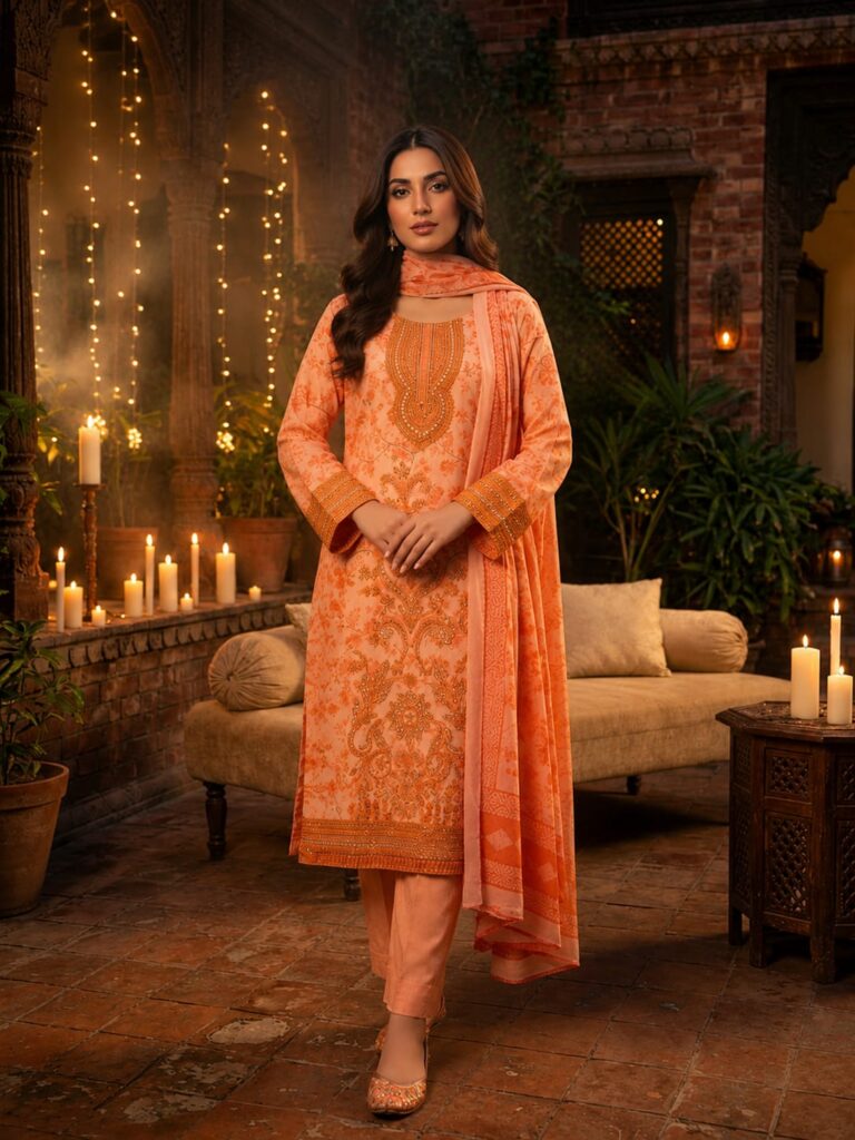 Peach printed embroidered 3 piece lawn suit with dupatta
