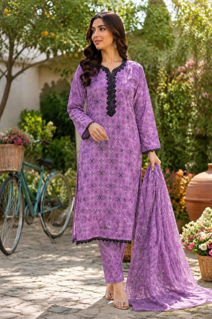 3 piece purple printed lawn suit for women ready to wear