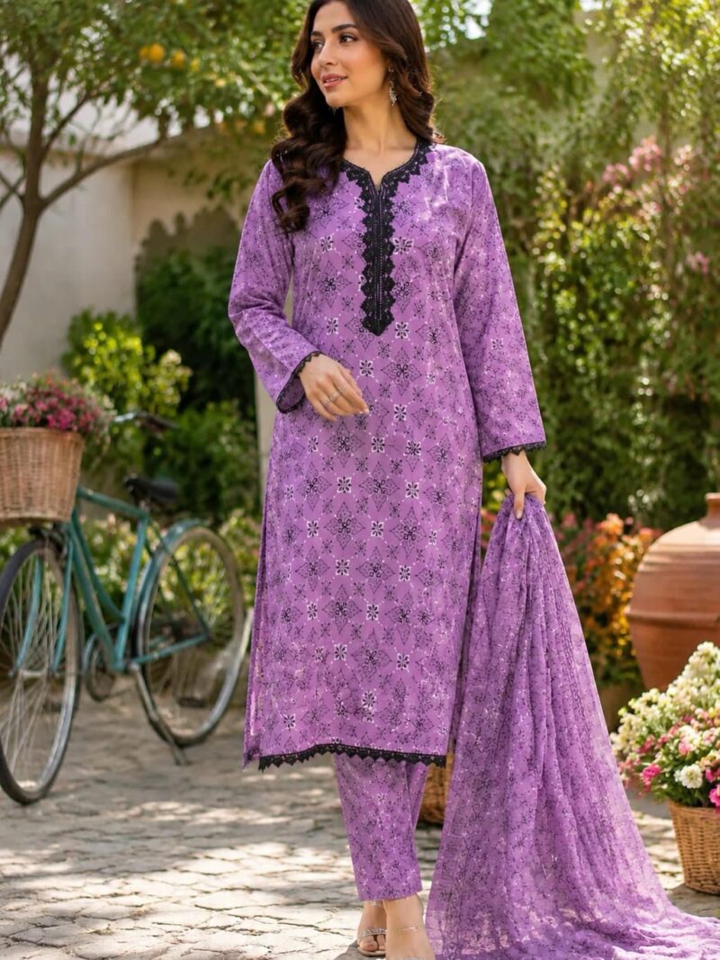 3 piece purple printed lawn suit for women ready to wear