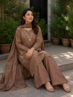Coffee brown embroidered 3 piece stitched cotton suit with dupatta