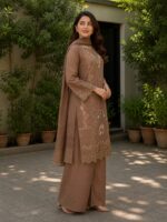 Coffee brown embroidered 3 piece stitched cotton suit with dupatta