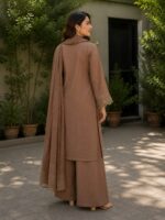Coffee brown embroidered 3 piece stitched cotton suit with dupatta