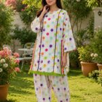 2 piece white polka dot printed lawn suit for women