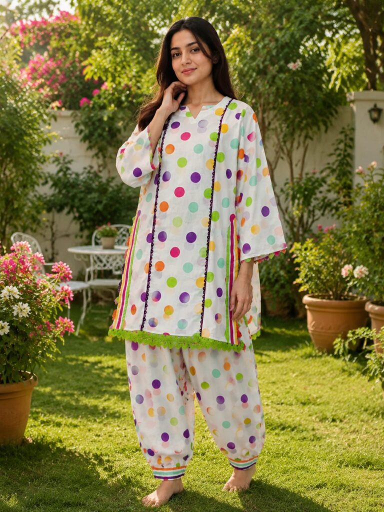 2 piece white polka dot printed lawn suit for women