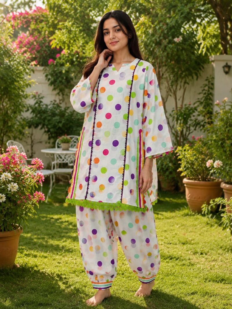 2 piece white polka dot printed lawn suit for women