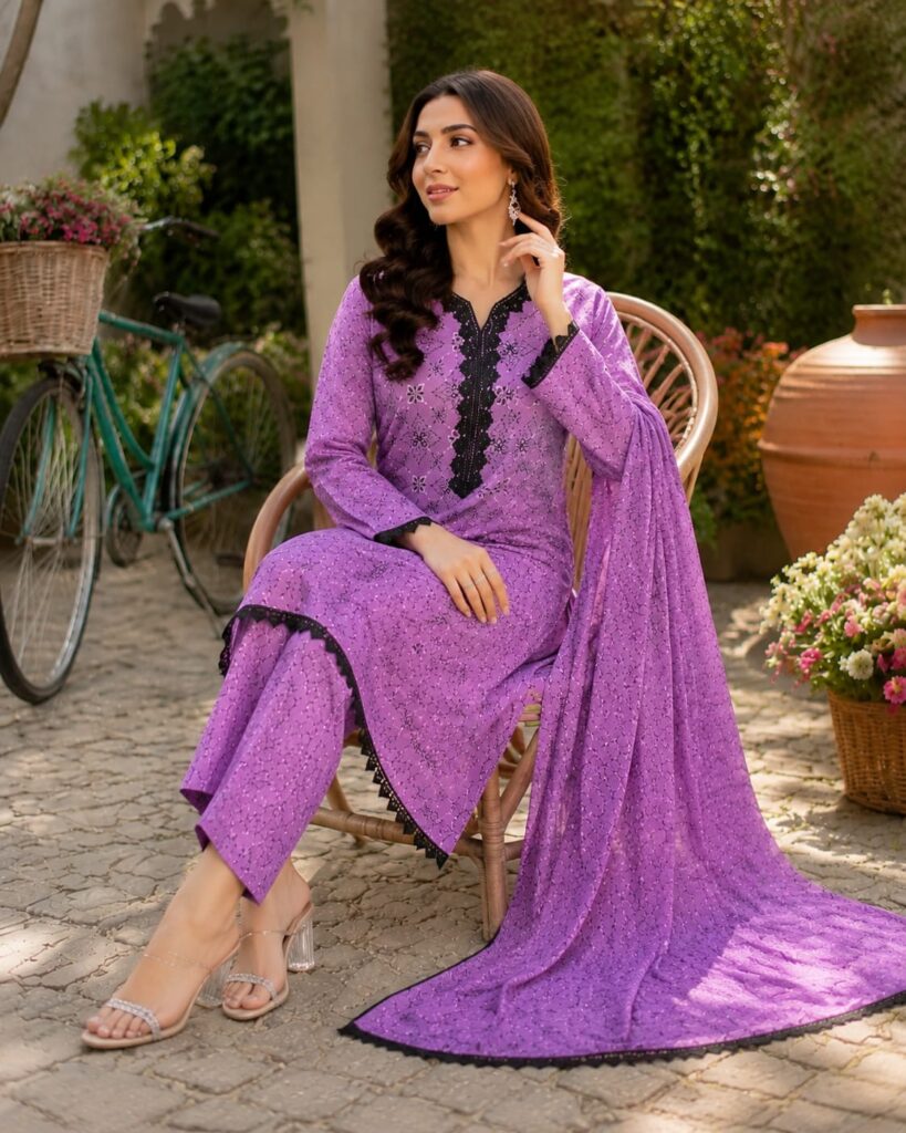 3 piece purple printed lawn suit for women ready to wear