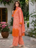 3 Piece Stitched Cotton Suit peach orange embroidered for women