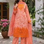 3 Piece Stitched Cotton Suit peach orange embroidered for women