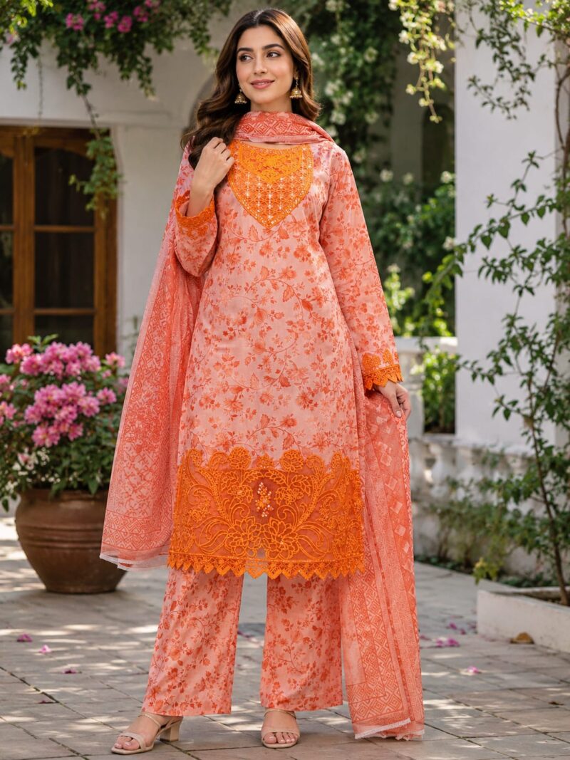 3 Piece Stitched Cotton Suit peach orange embroidered for women