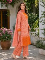 3 Piece Stitched Cotton Suit peach orange embroidered for women