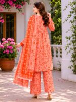 3 Piece Stitched Cotton Suit peach orange embroidered for women