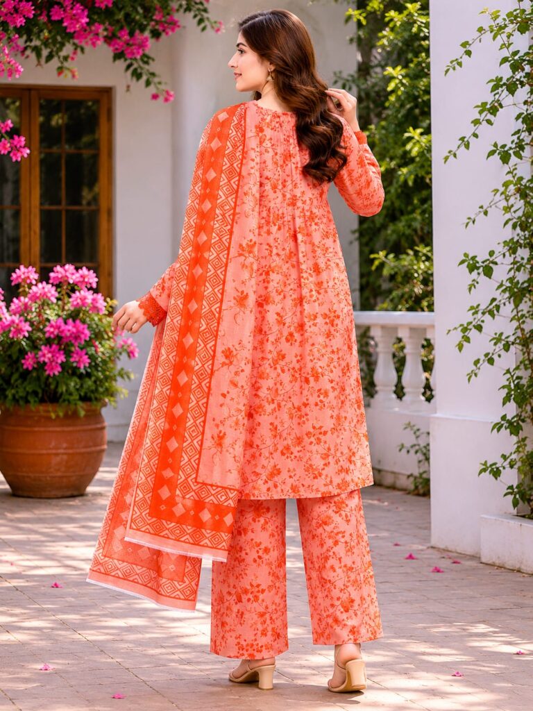 3 Piece Stitched Cotton Suit peach orange embroidered for women