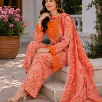 3 Piece Stitched Cotton Suit peach orange embroidered for women