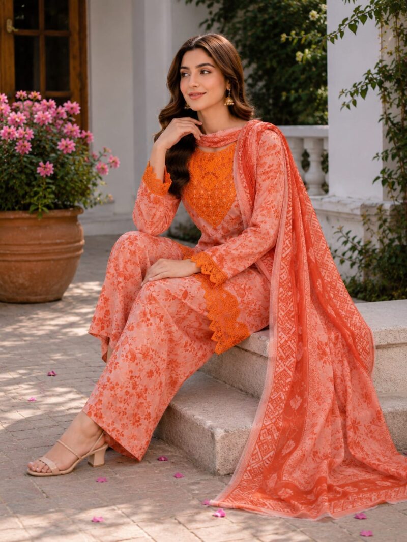 3 Piece Stitched Cotton Suit peach orange embroidered for women