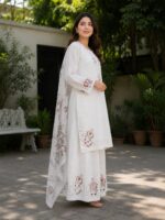 White embroidered 3 piece stitched cotton suit with dupatta