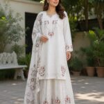 White embroidered 3 piece stitched cotton suit with dupatta