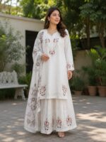 White embroidered 3 piece stitched cotton suit with dupatta