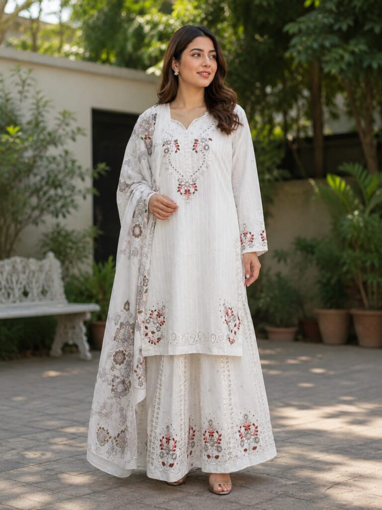 White embroidered 3 piece stitched cotton suit with dupatta