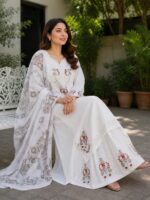AR Pehnawa white embroidered cotton suit with trouser and dupatta