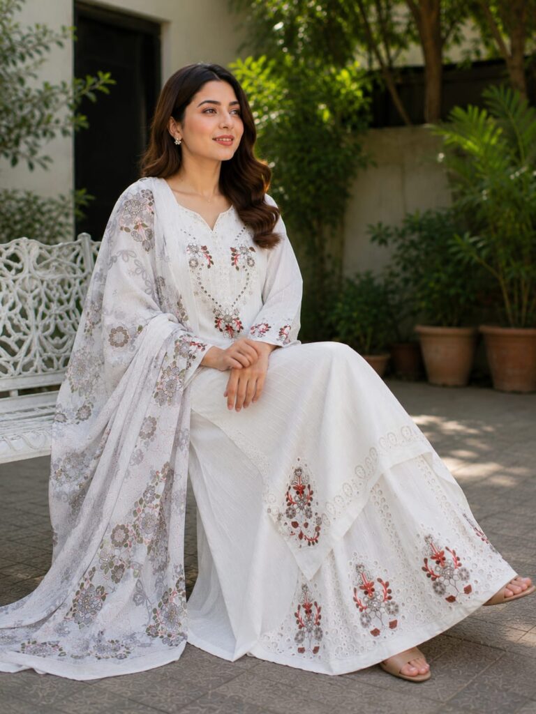 AR Pehnawa white embroidered cotton suit with trouser and dupatta