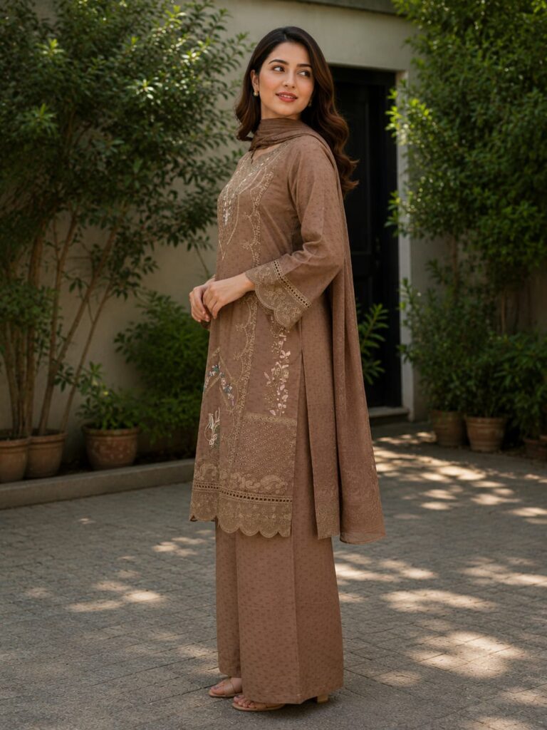 Coffee brown embroidered 3 piece stitched cotton suit with dupatta