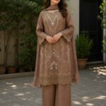 Coffee brown embroidered 3 piece stitched cotton suit with dupatta