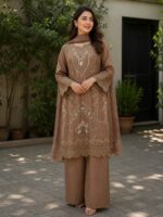 Coffee brown embroidered 3 piece stitched cotton suit with dupatta