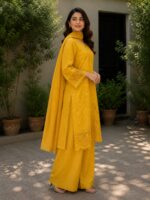 AR Pehnawa mustard yellow cotton suit with trouser and dupatta
