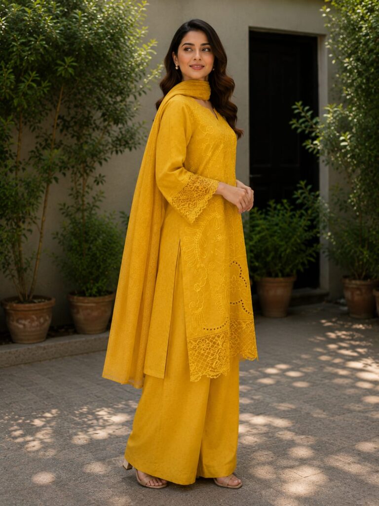 AR Pehnawa mustard yellow cotton suit with trouser and dupatta