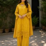 Mustard yellow 3 piece stitched cotton suit with embroidery