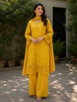 Mustard yellow 3 piece stitched cotton suit with embroidery