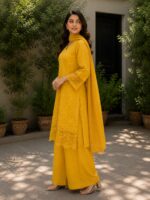 Ready to wear mustard yellow embroidered cotton suit for women