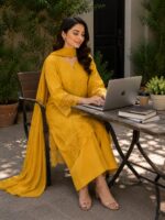 Mustard yellow 3 piece stitched cotton suit with embroidery