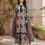 Black printed lawn suit with matching printed trouser and crepe dupatta for women by AR Pehnawa