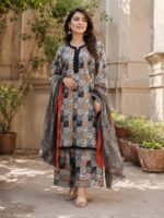 Black printed lawn suit with matching printed trouser and crepe dupatta for women by AR Pehnawa