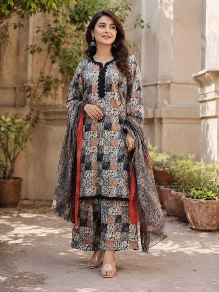 Black printed lawn suit with matching printed trouser and crepe dupatta for women by AR Pehnawa