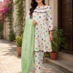 white multicolor polka dot 3 piece stitched lawn suit with light green dupatta for women