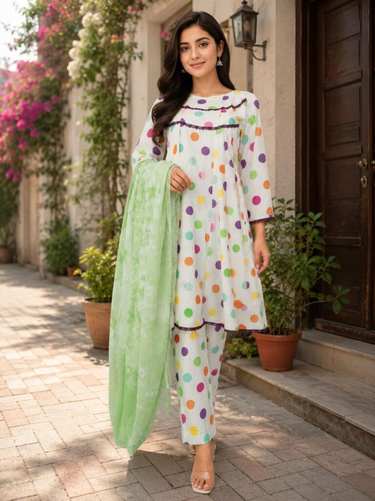 white multicolor polka dot 3 piece stitched lawn suit with light green dupatta for women
