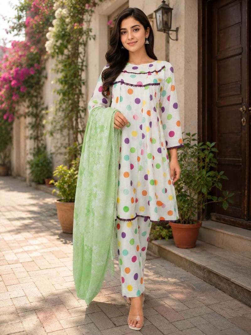 white multicolor polka dot 3 piece stitched lawn suit with light green dupatta for women