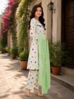 white multicolor polka dot 3 piece stitched lawn suit with light green dupatta for women