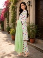 white multicolor polka dot 3 piece stitched lawn suit with light green dupatta for women