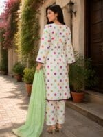white multicolor polka dot 3 piece stitched lawn suit with light green dupatta for women