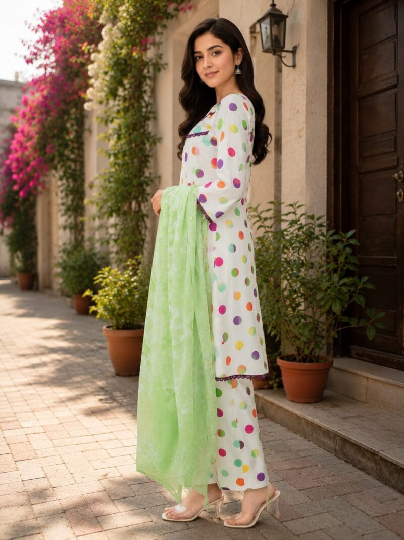 white multicolor polka dot 3 piece stitched lawn suit with light green dupatta for women