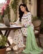 white multicolor polka dot 3 piece stitched lawn suit with light green dupatta for women