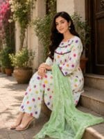 white multicolor polka dot 3 piece stitched lawn suit with light green dupatta for women