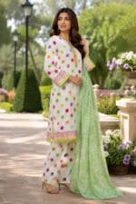 White polka dot lawn suit with matching printed trouser and green printed dupatta for women by AR Pehnawa