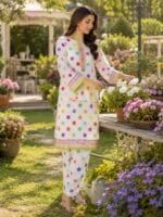 White polka dot lawn suit with matching printed trouser and green printed dupatta for women by AR Pehnawa