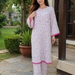 white pink floral 2 piece stitched lawn suit with matching trouser for women
