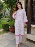 White pink floral 2 piece stitched lawn suit