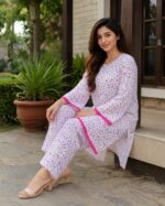 White pink floral 2 piece stitched lawn suit